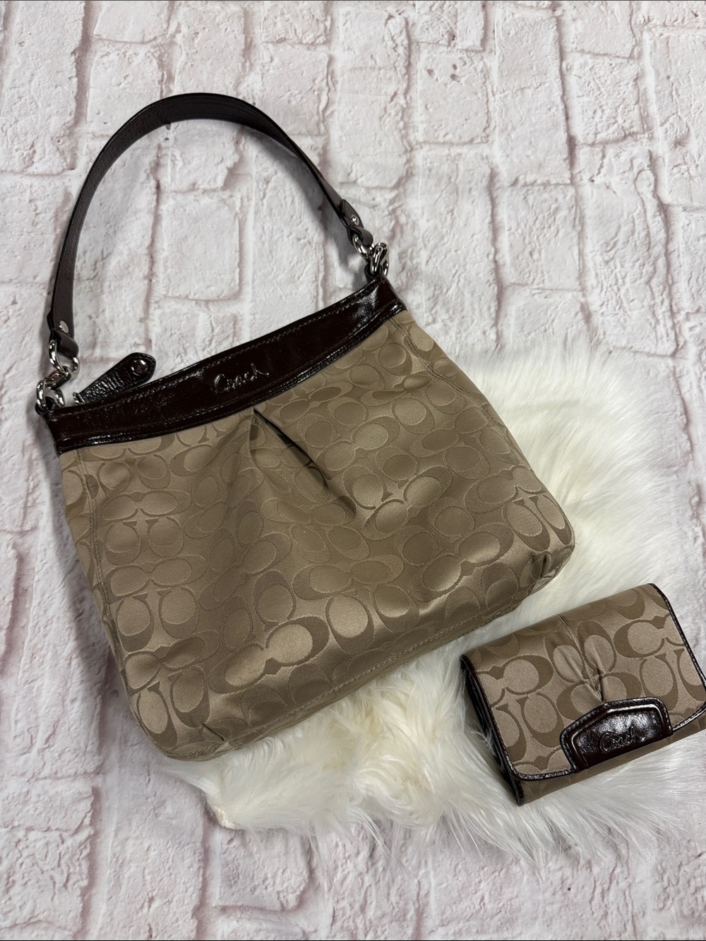 Coach Ashley Signature Hippie Shoulder Bag Taupe with Dark Trim and Wallet